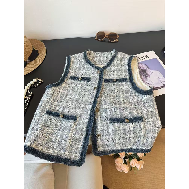 High-End Denim Fringed Tweed Vest for Women, New Spring and Autumn Style, Shiny Silk Tweed Sleeveless Jacket for Women