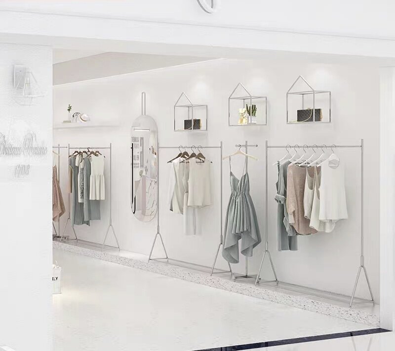 Women's clothing store simple floor-to-ceiling display rack silver stainless steel solid brushed clothing store display shelf hanger