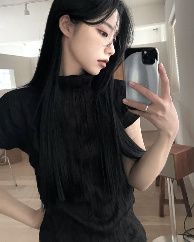 Unique Sei Solid Color Retro Slim High-Neck Short Puff Sleeve Accordion Pleated Short-Sleeve Slim-Fit Versatile Top T-Shirt for Women