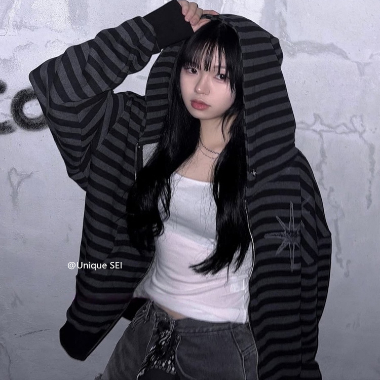 Unique Sei Korean Style Autumn and Winter Star Zipper Hooded Sweatshirt Striped Casual Loose Retro Jacket Top for Women Unique Sei Korean Style Autumn and Winter Star Zipper Hooded Sweatshirt Striped Casual Loose Retro Jacket Top for Women