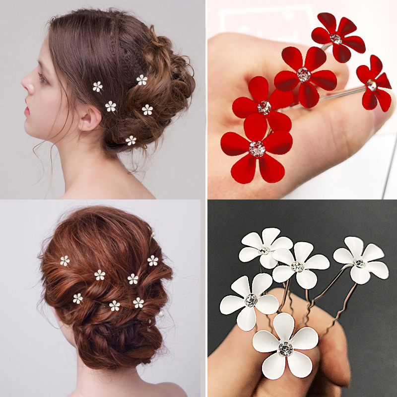 Korean-Style Metal Iron Flower Bridal Hairpin U-Shaped Clip Fork Alloy Inlaid with Diamond Five-Petal Flower Hairpin Headdress Korean-Style Metal Iron Flower Bridal Hairpin U-Shaped Clip Fork Alloy Inlaid with Diamond Five-Petal Flower Hairpin Headdress
