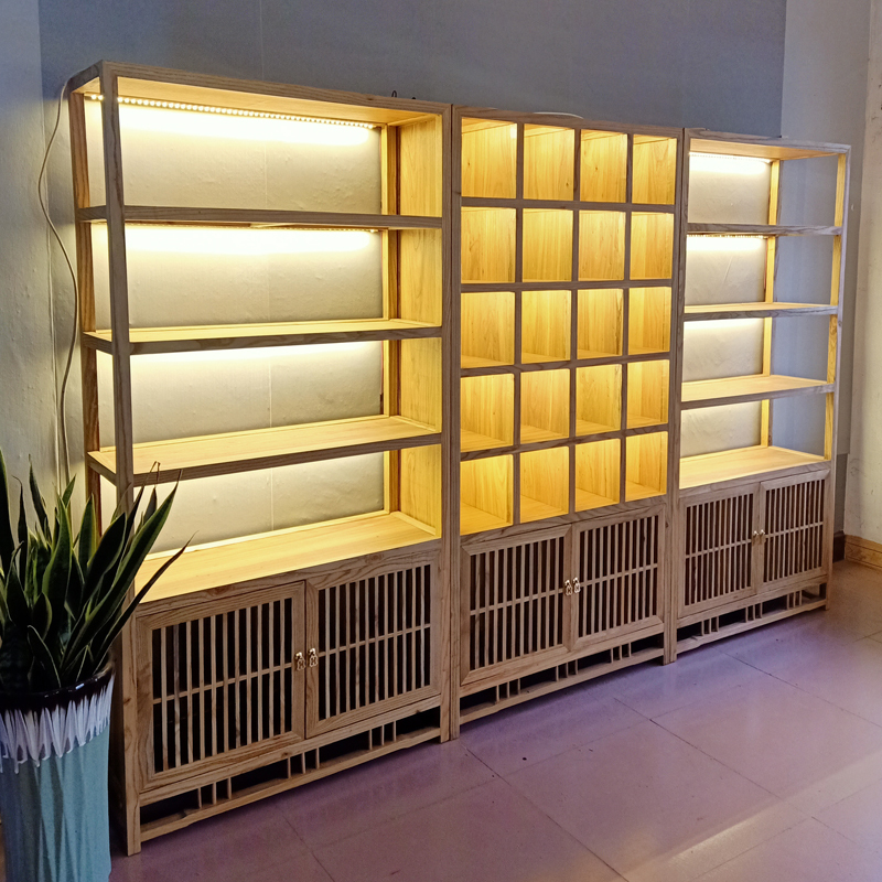 Modern Chinese-Style Elm Wood Display Shelf with Lights, Simple Solid Wood Tea Rack, Small Partition Multi-Purpose Shelf Modern Chinese-Style Elm Wood Display Shelf with Lights, Simple Solid Wood Tea Rack, Small Partition Multi-Purpose Shelf