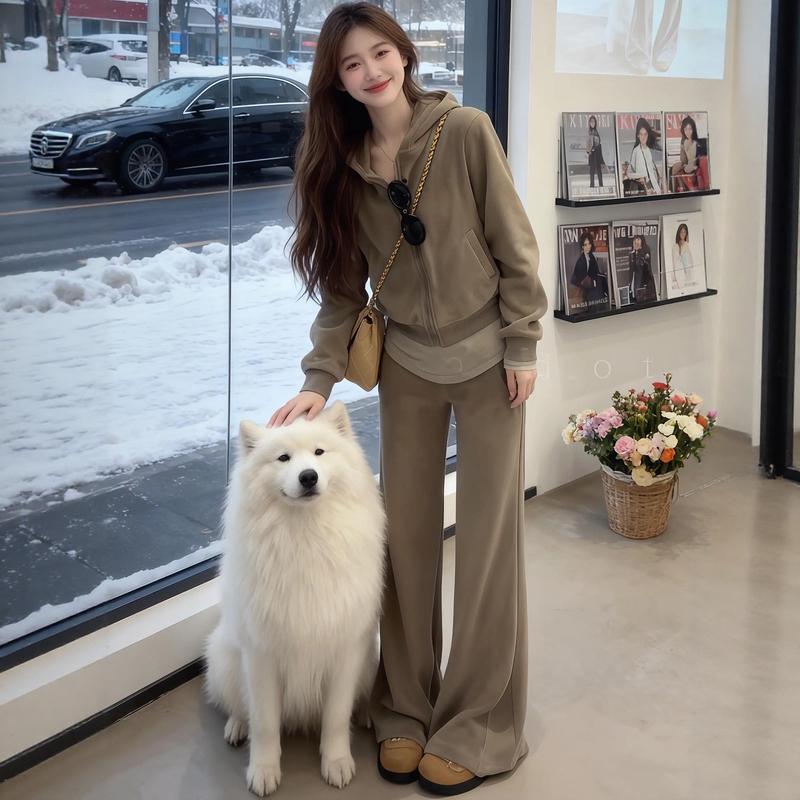 Korean-Style High-End Casual Sports Suit for Women, Autumn and Winter Hooded Sweatshirt Jacket and Wide-Leg Pants Two-Piece Set