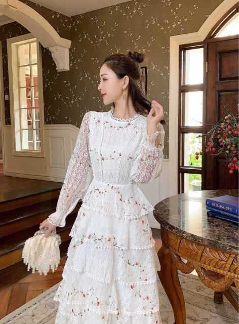 French temperament thin long-sleeved lace embroidery pink dress women's high waist sweet princess cake skirt mid-length