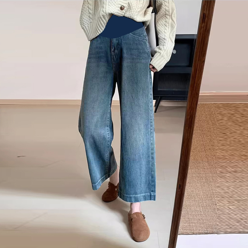 Maternity Wide-Leg Jeans for Outer Wear in Autumn and Winter, Fleece-Lined and Thickened, Do Not Tighten the Belly or Slip down during Pregnancy, Nine-Point Pants