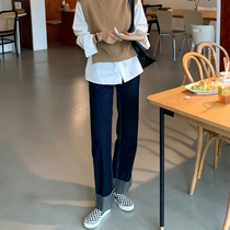 Pregnant women flanged wide leg jeans spring and autumn high waist loose thin straight pants dark blue nine-point belly pants