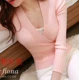 Xuân 2018 mới và áo len cổ chữ V cắt xẻ thấp gợi cảm Hàn Quốc phiên bản Hàn Quốc của áo thun dáng dài tay bó sát khoác len