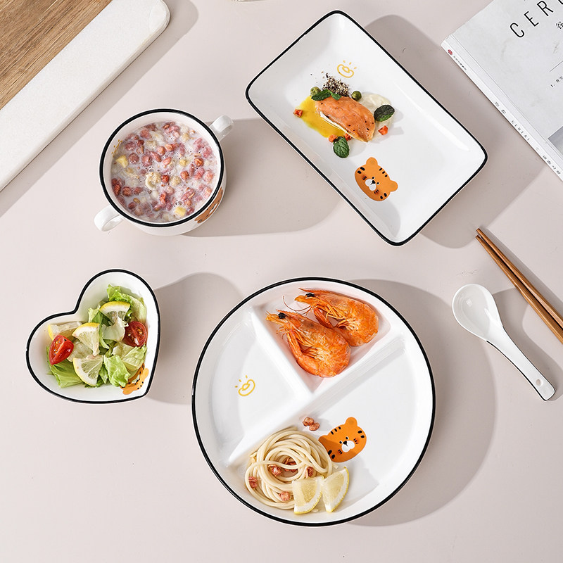 Different plate cartoon one person ceramic tableware household three grades of children's meal break plate weight loss and fat loss quantitative plate