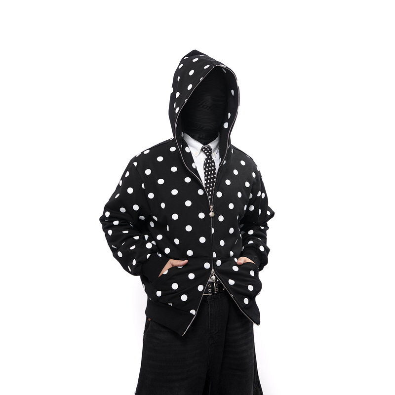 88Up丨Korean Design Polka Dot Hooded Zip-Up Jacket for Men and Women, Boxy Short Wide-Fit Versatile Sweatshirt Jacket Trendy