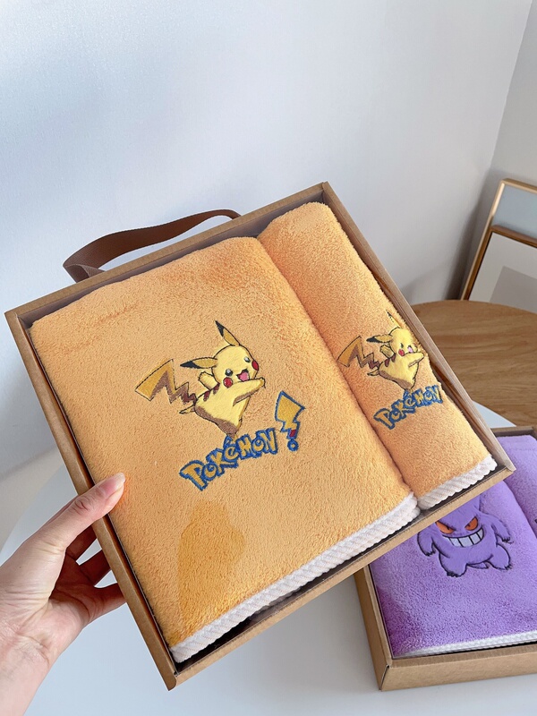 Foreign Trade Poké Bath Towel Set Gift Box Coral Fleece Quick-Dry Absorbent Children's Cute Bath Thickened Large Towel