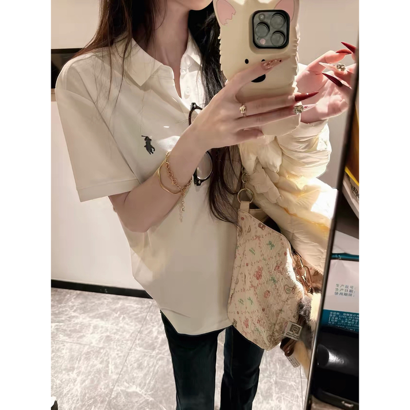 Korean Style White Embroidered Polo Shirt Short-Sleeved T-Shirt for Women Summer 2026 New Casual Versatile Lapel Top