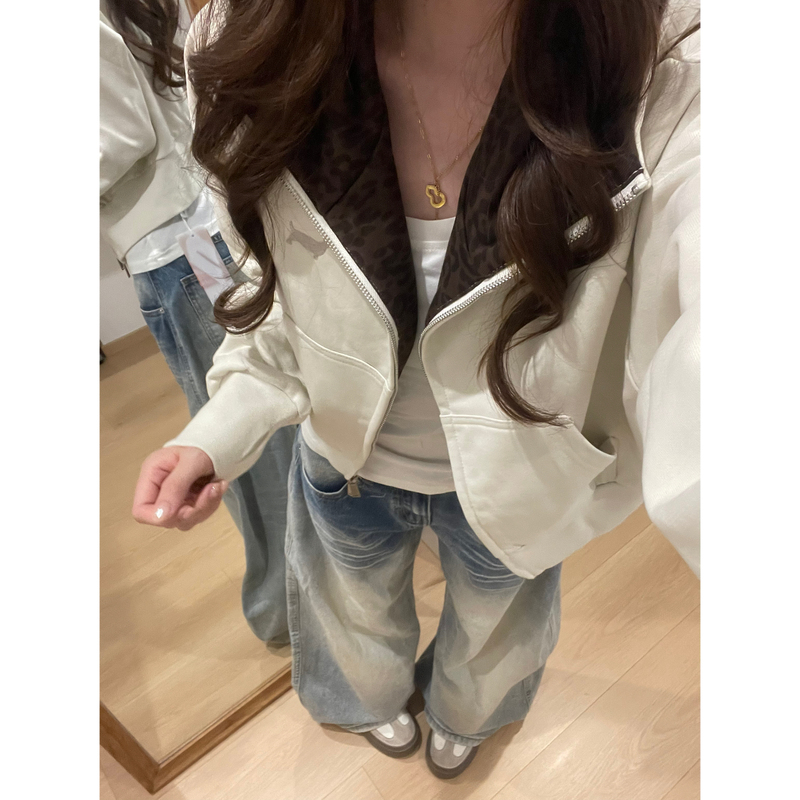 American Retro Style Color-Blocked Leopard Print Hooded Sweatshirt for Women, New Spring and Autumn Style, Relaxed and Lazy Vibe, Waist-Cinching Cardigan, Short Jacket