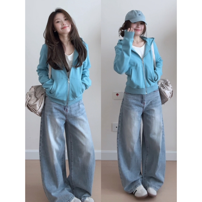 Korean Style Relaxed Lake Blue Hooded Sweatshirt for Women, Spring and Autumn 2026 New Loose Casual Versatile Chic Top Jacket Korean Style Relaxed Lake Blue Hooded Sweatshirt for Women, Spring and Autumn 2026 New Loose Casual Versatile Chic Top Jacket