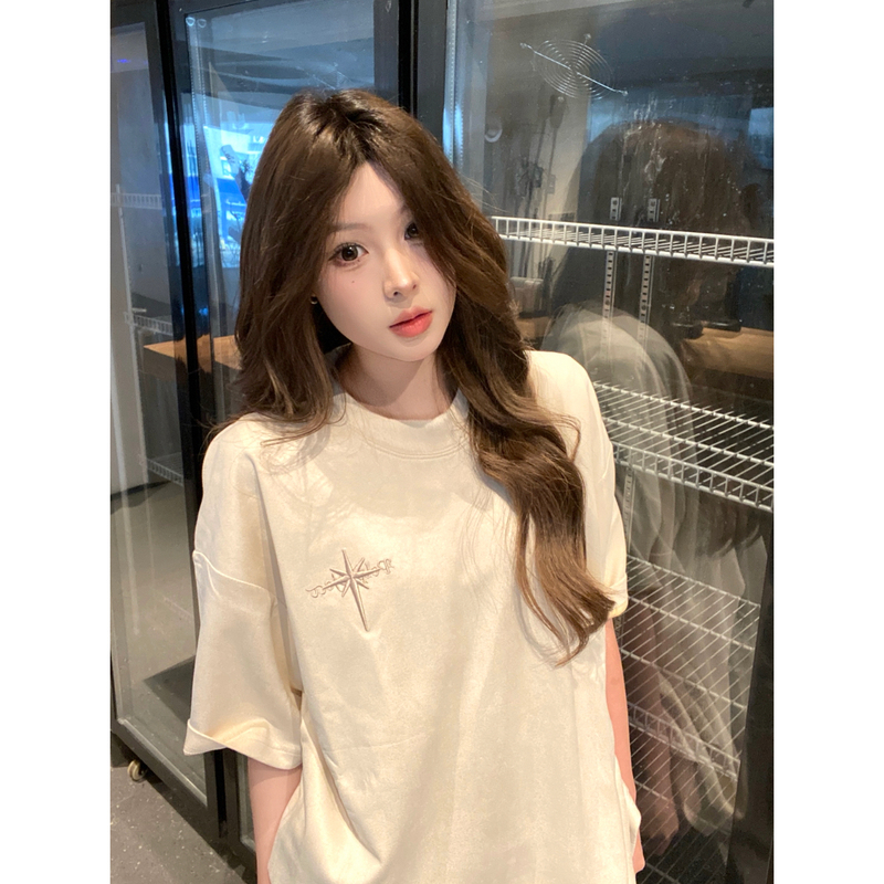 American Retro Suede Star Slogan Embroidered Short-Sleeve T-Shirt for Women, Summer Loose Design, Niche Half-Sleeve Top