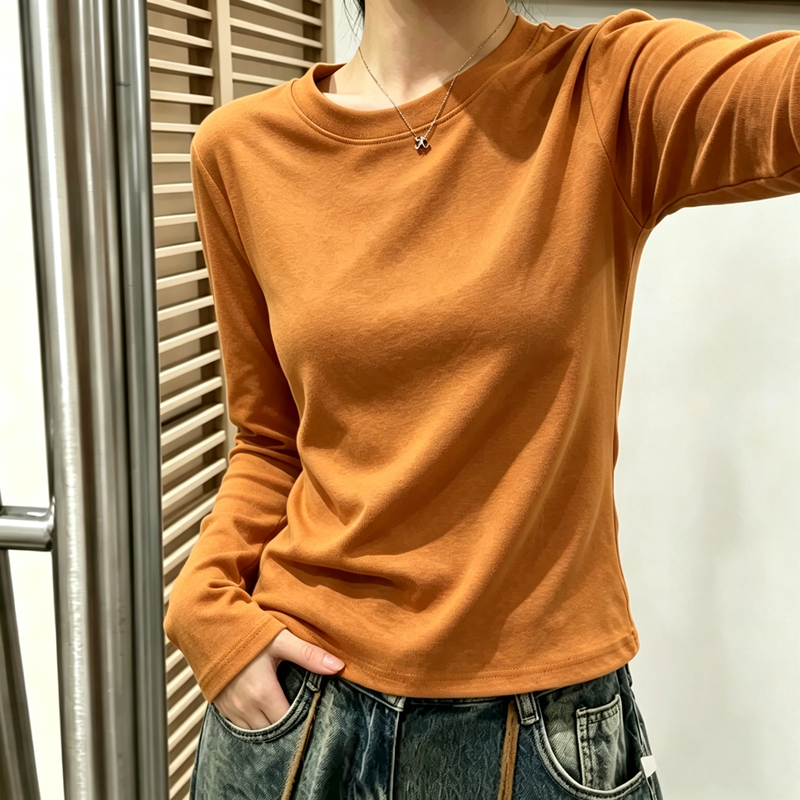Right-Shoulder Pumpkin-Colored Long-Sleeve T-Shirt for Women, Korean Style, Versatile, New for Spring, Autumn, and Winter, Round-Neck Base Shirt, Solid Color Inner Top Right-Shoulder Pumpkin-Colored Long-Sleeve T-Shirt for Women, Korean Style, Versatile, New for Spring, Autumn, and Winter, Round-Neck Base Shirt, Solid Color Inner Top