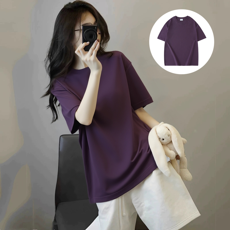 High-End Ice-Feel Cotton Purple-Red Short-Sleeved T-Shirt for Women, Summer 2025 New Style, Loose Large Size Ice Silk Cool-Feel Top