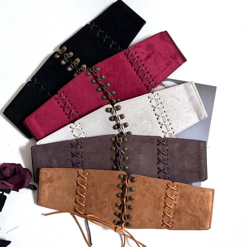 Artistic Retro Studded Suede Lace-Up Waist Belt for Women, Versatile Elastic Wide Belt for Shirts and Dresses Artistic Retro Studded Suede Lace-Up Waist Belt for Women, Versatile Elastic Wide Belt for Shirts and Dresses