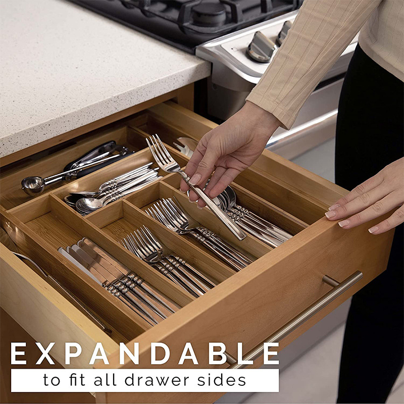 Retractable Knife Box, Bamboo Divided Format Western Cutlery Tray, Push-Scissor Display Tray, Household Kitchen Supplies Storage Box