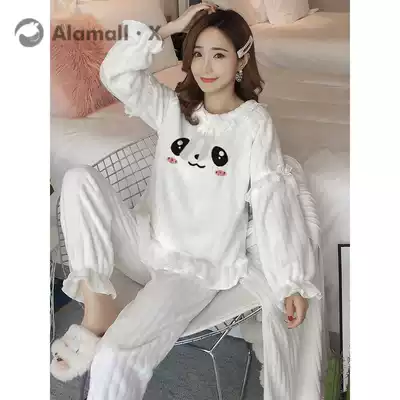 Japanese autumn and winter coral velvet padded cute pajamas female winter Korean suit flannel home clothing winter Bear
