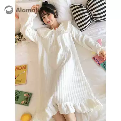 Japanese coral velvet pajamas women's autumn and winter princess style thick nightgown long version sweet wearing flannel dress