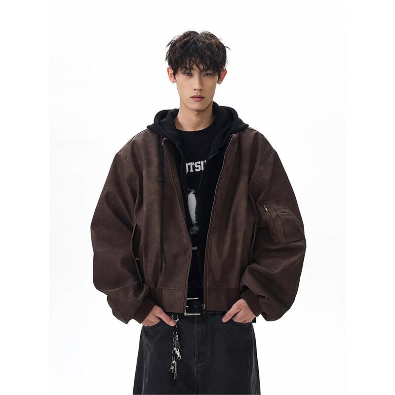 American Retro Bomber Tie-Dye Faux Leather Two-Piece Jacket Men's Barn Style Hooded Pilot Coat Top