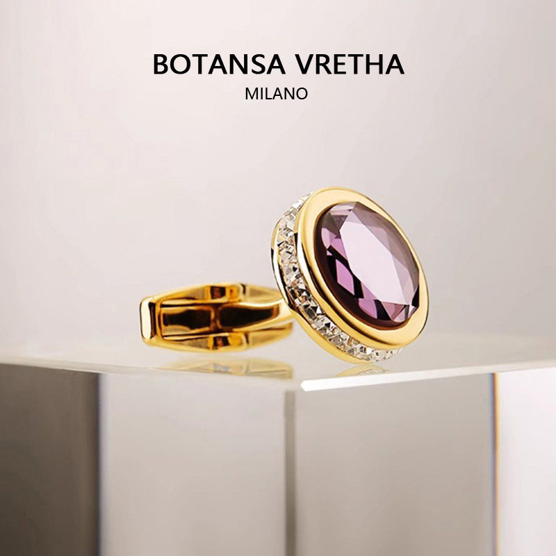 Italian Botansa Vretha&Bv Men's Shirt with Amethyst Cufflinks, Light Luxury and High-End Feel Cuff Studs