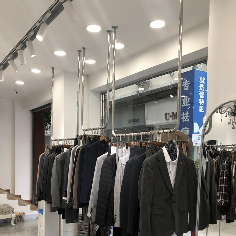 Clothing store display rack clothes rail women's clothing store hanger stainless steel with wheels silver island floor-standing display rack