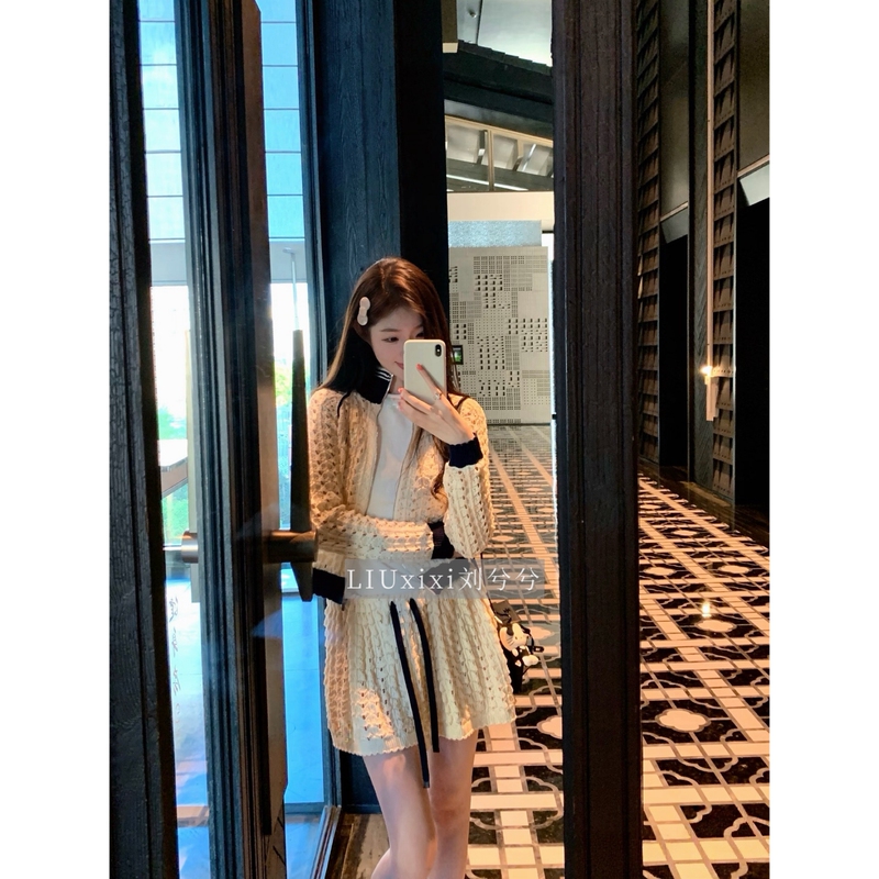 4/17 Ngvy 【Same Style as Zhang Yuanying】Summer Vitality Hollow-Out Color-Blocking Zipper Knit Cardigan and Skirt 26