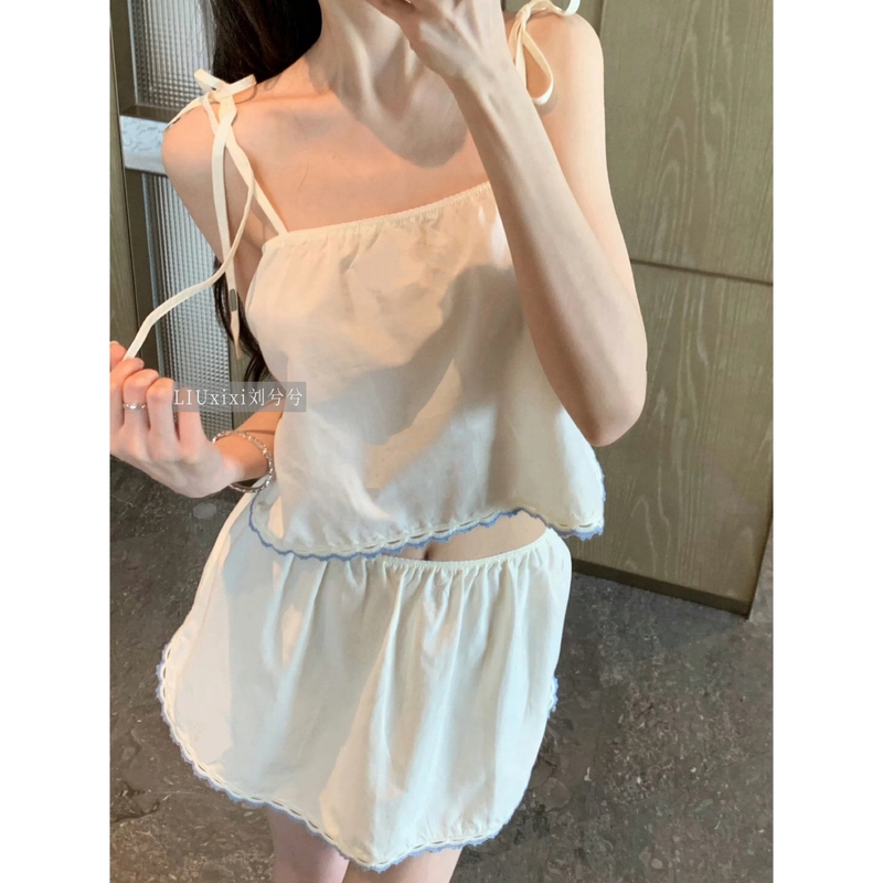8/24 ~ Ngvy Sweet and Pure Desire Lace Blue Trim Camisole + Skirt Set for Women 26 Summer 8/24 ~ Ngvy Sweet and Pure Desire Lace Blue Trim Camisole + Skirt Set for Women 26 Summer