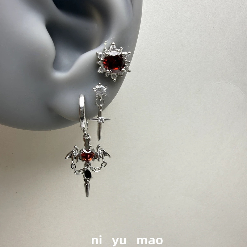 You and the Cat Red Devil's Eye Dark Cross Earrings for Women with Double Ear Holes, Niche Design Earrings