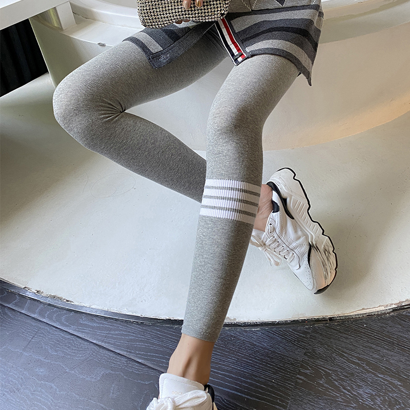 25 New Autumn Gray Threaded Four Stripes Tb Leggings Women's Outerwear Slimming Small Feet Stretch Knitted Tights