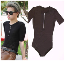 Mens medium long-sleeved triangle one-piece top zipper sexy cotton crew neck base shirt Home underwear practice suit