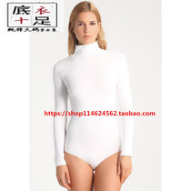 Adult womens long-sleeved skin tone semi-turtleneck elastic body one-piece large size thin sexy backless base shirt with crotch