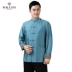 Mùa xuân và mùa thu Trung niên Trang phục dân tộc Màu rắn Tencel Đứng cổ áo Yêu thương Áo sơ mi nam gấp tay áo dài tay áo áo nam đẹp Trang phục dân tộc