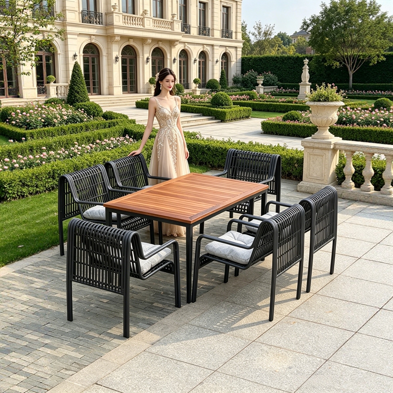Tengyi Outdoor Garden Aluminum Alloy Plastic Wood Table and Chair Set, Sun-Resistant Leisure Table and Chairs, Balcony Table and Chairs, Garden Chairs
