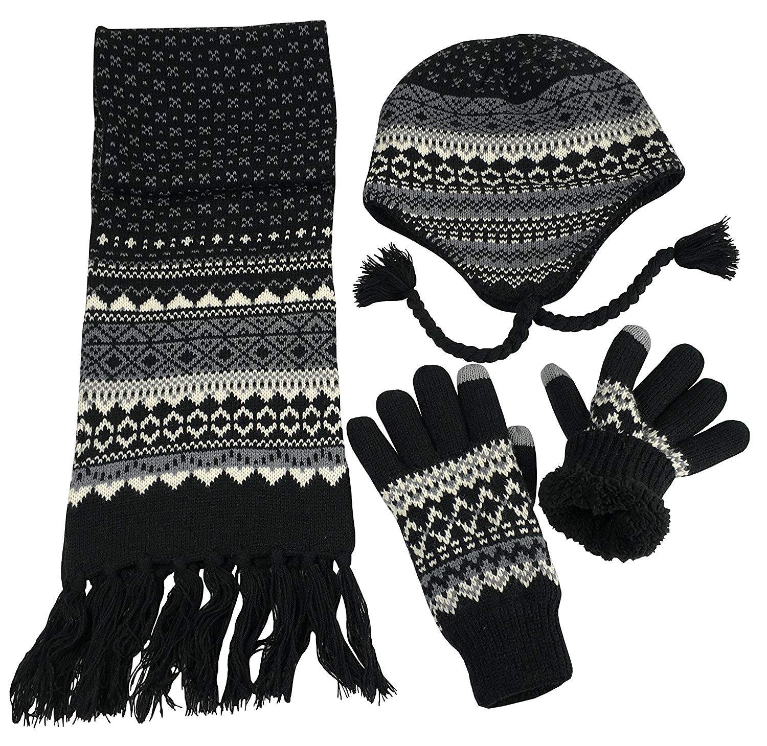 Overseas NIce Caps big boys racing striped knit hat scarf gloves fleece lining set