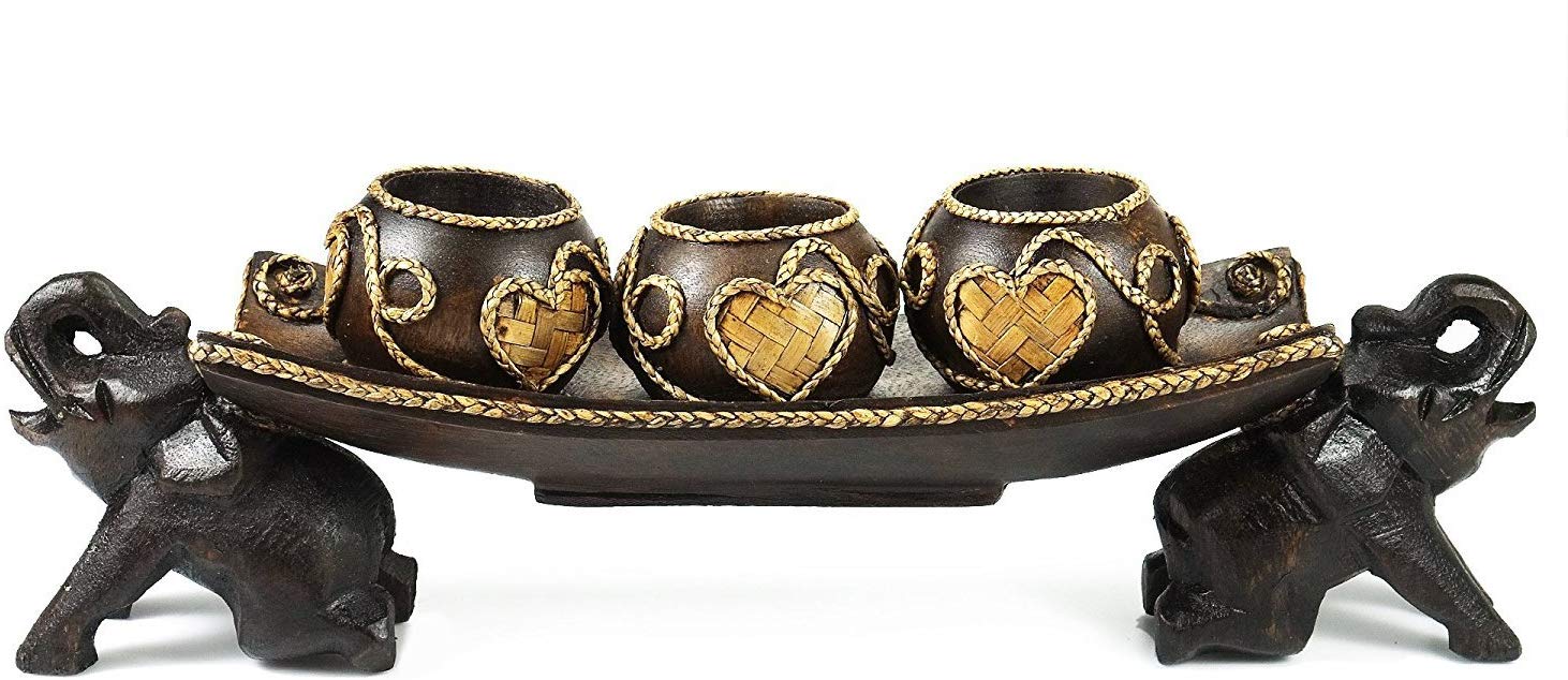 AeraVida Elephant Tray Carved Rain Tree Wood Candle Frame Decorated Hand Carved