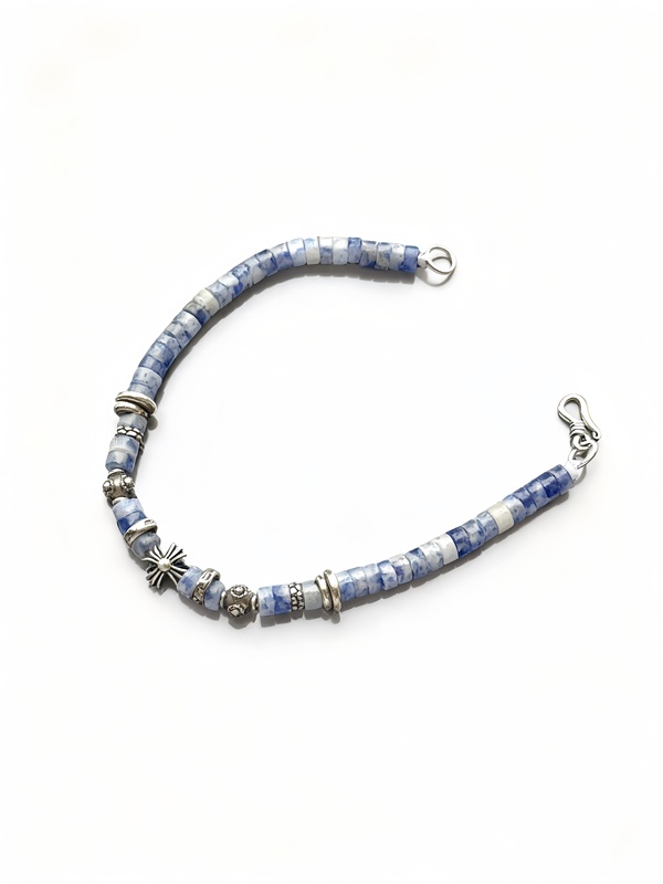 Zevill Original Design 925 Silver Blue Pattern Stone/Blue Dot Stone Crusader Flower Bracelet, Unique and High-End Feel Zevill Original Design 925 Silver Blue Pattern Stone/Blue Dot Stone Crusader Flower Bracelet, Unique and High-End Feel