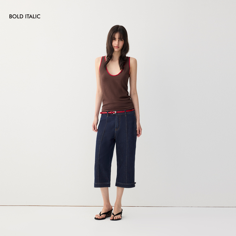 Bold Italic Three-Dimensional Center Seam Button Tab Straight-Leg Cropped Raw Denim Jeans for Women, Autumn Bold Italic Three-Dimensional Center Seam Button Tab Straight-Leg Cropped Raw Denim Jeans for Women, Autumn