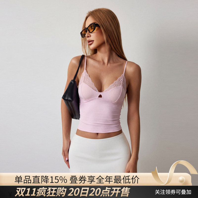 Fitlife Camisole Lace Vest for Women Deep V Cutout Stitching Quick-Drying Breathable Skin-Friendly Versatile Slim Yoga Top