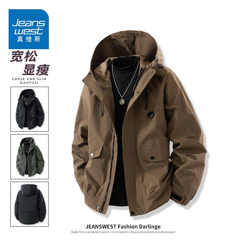 Jeanswest Workwear Hooded Windproof Jacket for Men 2026 Autumn Loose American Casual Sports Jacket Coat