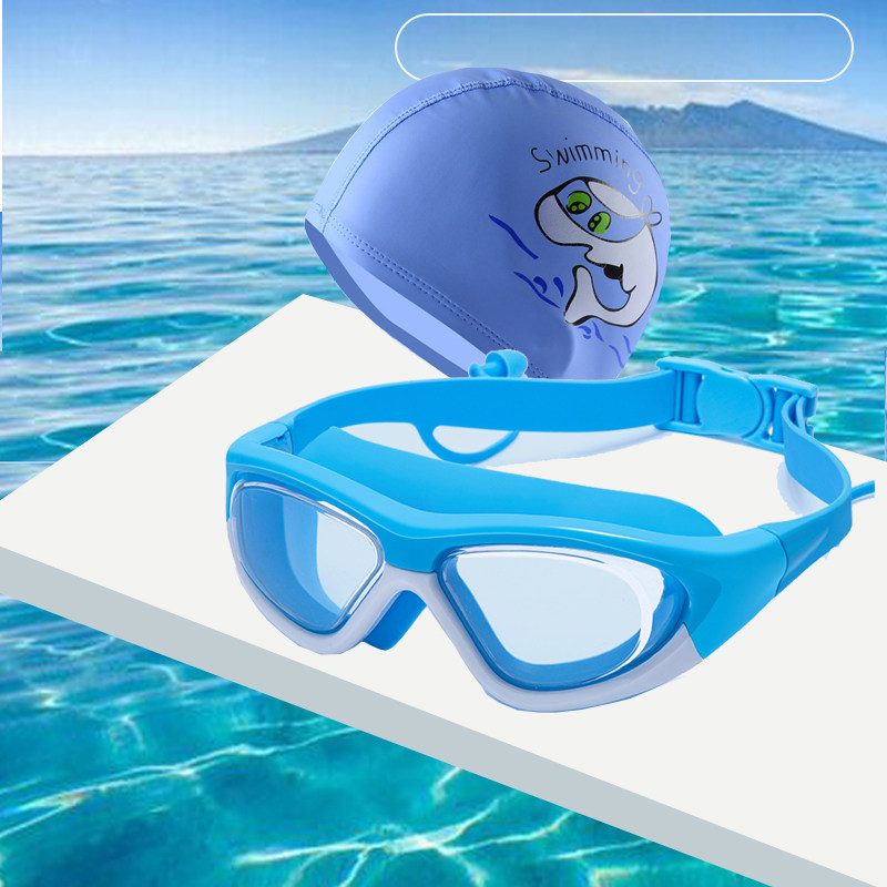 Children's swimming goggles swimming cap boys and girls swimming glasses waterproof anti-fog HD large frame diving goggles professional set of equipment