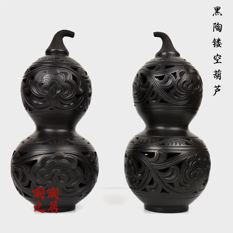 Black Pottery Crafts, Home Decorations, Vase Ornaments, Black Ceramic Living Room and Study Room Decorations, Hollow Gourd