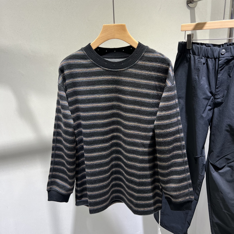Frog Autumn Men's Lazy Style Color-Block Striped Crew Neck Knitted Sweatshirt American Style Wool Tencel Blend Loose Top