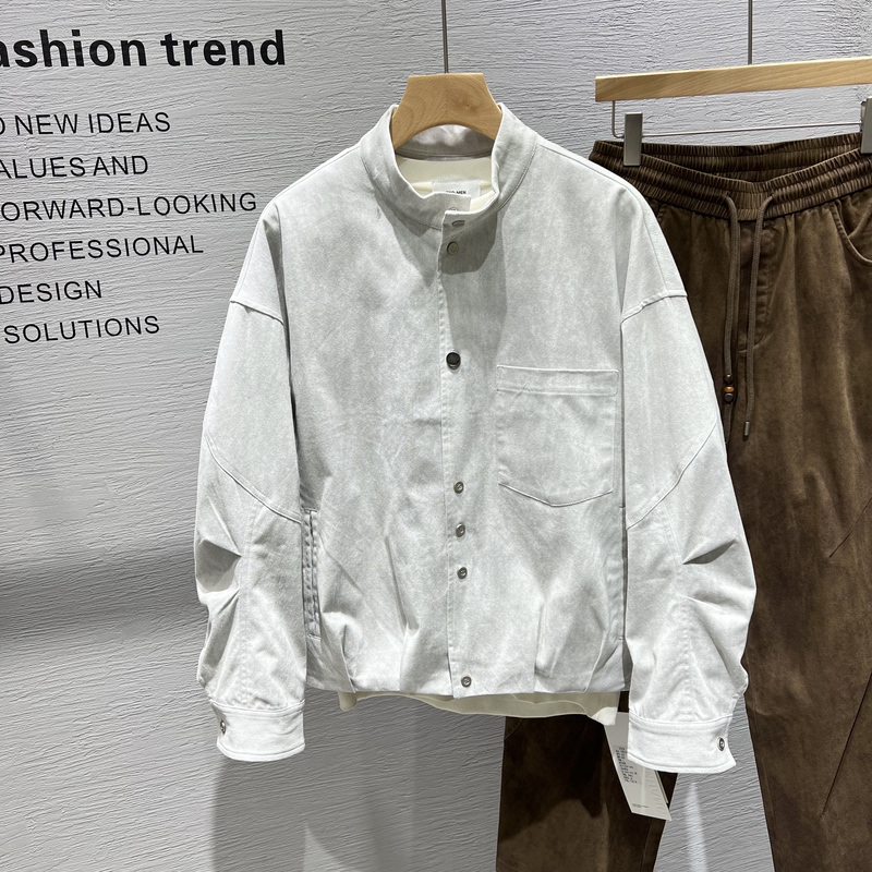 American-Style Trendy Retro Tie-Dye Distressed Stand-Collar Short Jacket for Men, Spring Casual Versatile Workwear Coat