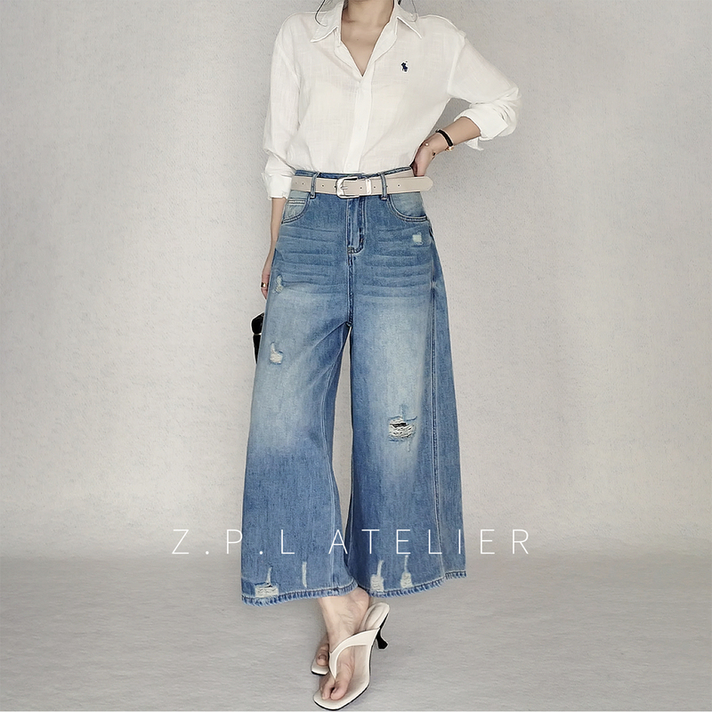 Zpl Atelier Light Blue Ripped Soft Denim Cropped Pants for Women, Summer Thin High-Waisted Loose Wide-Leg Pants