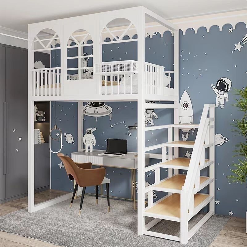 Wrought Iron Bed, Elevated Bed with Open Space under the Bed, Loft with an Additional Second Floor, High-Low Bed, Children's Bunk Bed, Small Apartment with Ladder