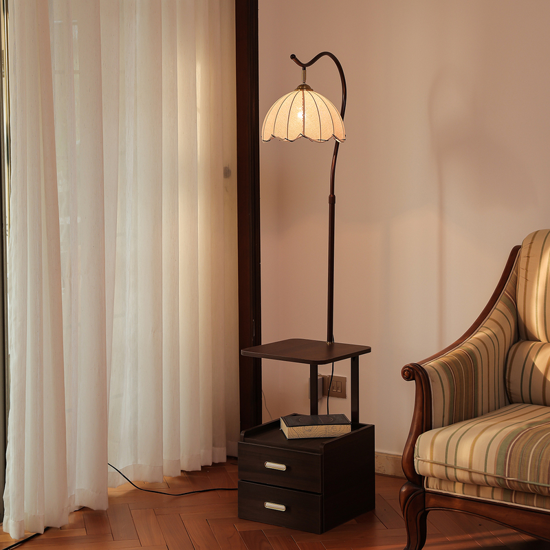 Retro Floor Lamp with Integrated Solid Wood Bedside Table, Vintage Style for Bedroom and Living Room, Ambient Light Beside the Sofa, Side Table Lamp Retro Floor Lamp with Integrated Solid Wood Bedside Table, Vintage Style for Bedroom and Living Room, Ambient Light Beside the Sofa, Side Table Lamp