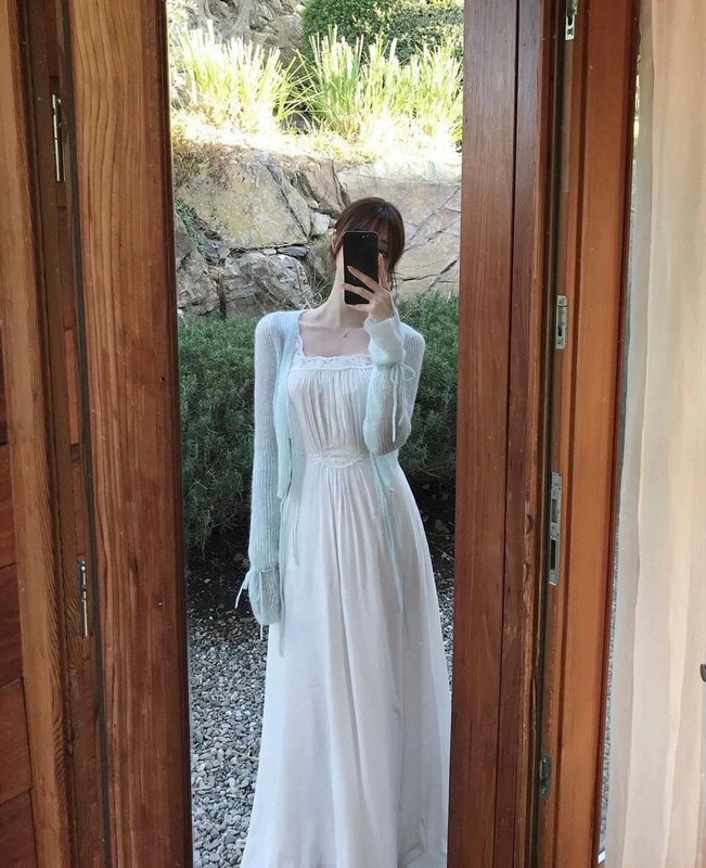 In-Stock Korean Designer Labelleblanc Popular Tencel Rose Lace Camisole Long Dress Blue Cardigan