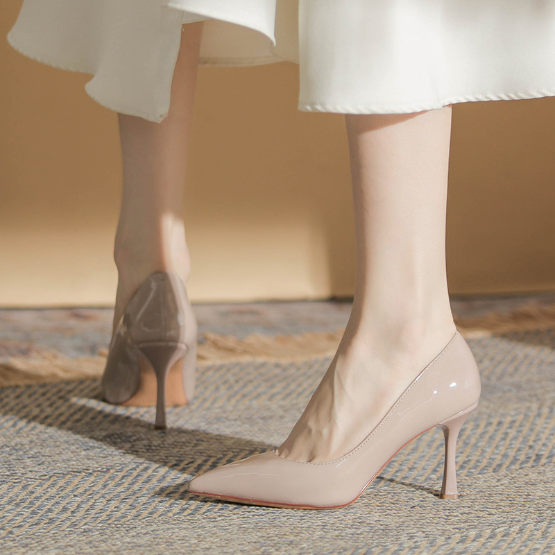 Soft Leather Nude High Heels for Women 2025 New Patent Leather Pointed Toe Sexy Stiletto Shoes Black Professional Work Shoes